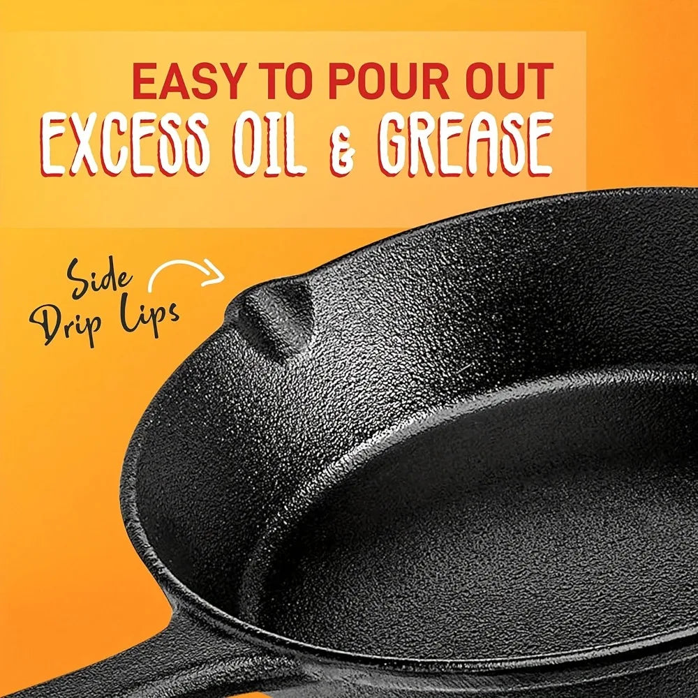 3PCS Cast Iron Skillet Set (6/8/10 Inch)  Pre-Seasoned, Heavy-Duty Pans for Oven, Grill & Campfire, Even Heat, Non-Stick Surface