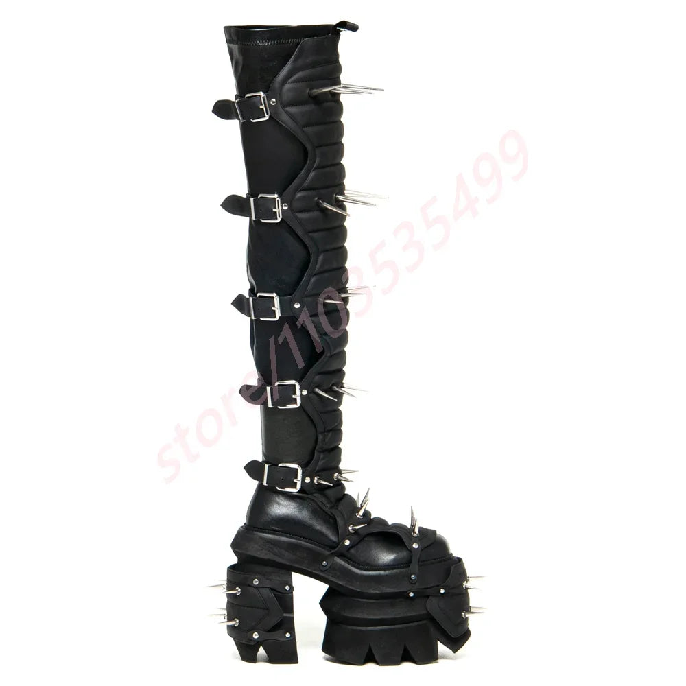 Thick Sole Rivets Weird Belt Buckle Motorcycle Boots 2025 Round New Punk Rock Over Knee Knight Boot Ins Style Fashion Party Boot