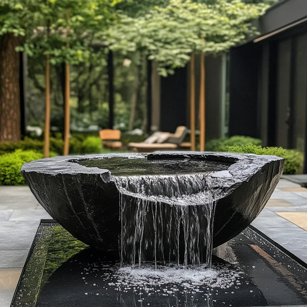 FZ  Black Mountain stone water bowl basin courtyard Chinese fountain stone carving water fountain garden  water feature