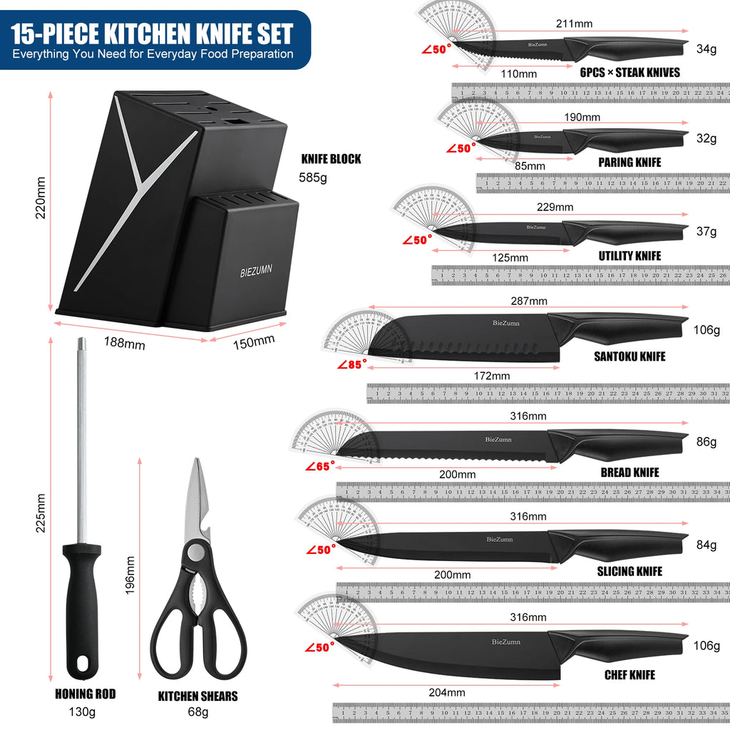 Kitchen knife set, 15-piece black kitchen knife set with block, dishwasher safe kitchen knife set with built-in sharpener, stainless steel black knife set birthday gift for mom or dad, kitchen gadget set