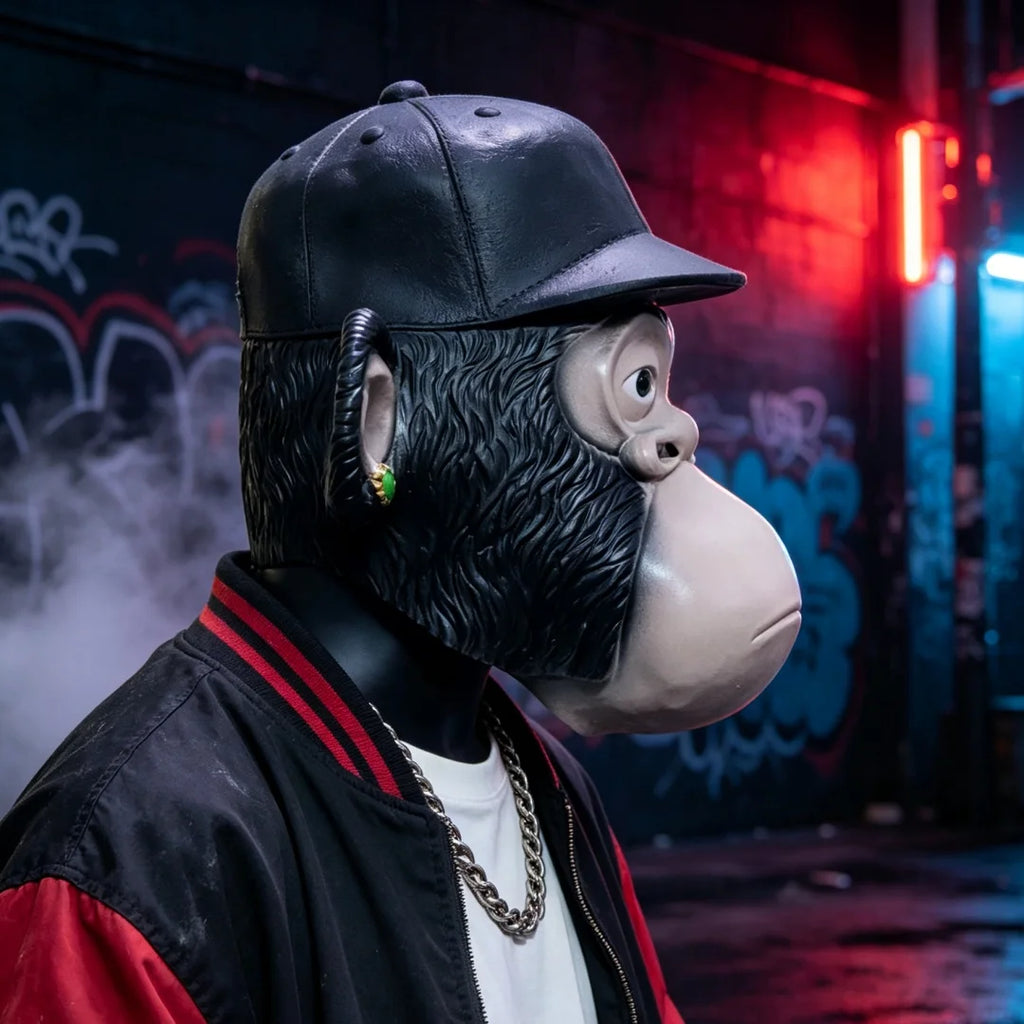 Chimpanzee Latex Full Head Mask with Baseball Cap & Ear Ornaments, Animal Cosplay Headgear for Halloween Masquerade, Party and Role Play Costume Props