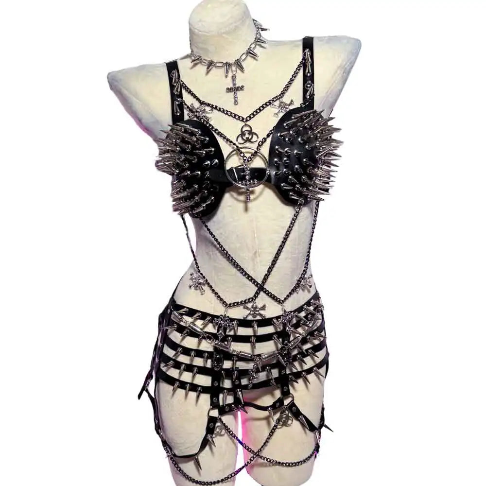 E-Girls Y2K Vegan Leather TOPS Gothic Harnesses Tank Chain Emo Hand Made Harajuku Punk Rock Studded Rivet DIY Hip Hop Grunge