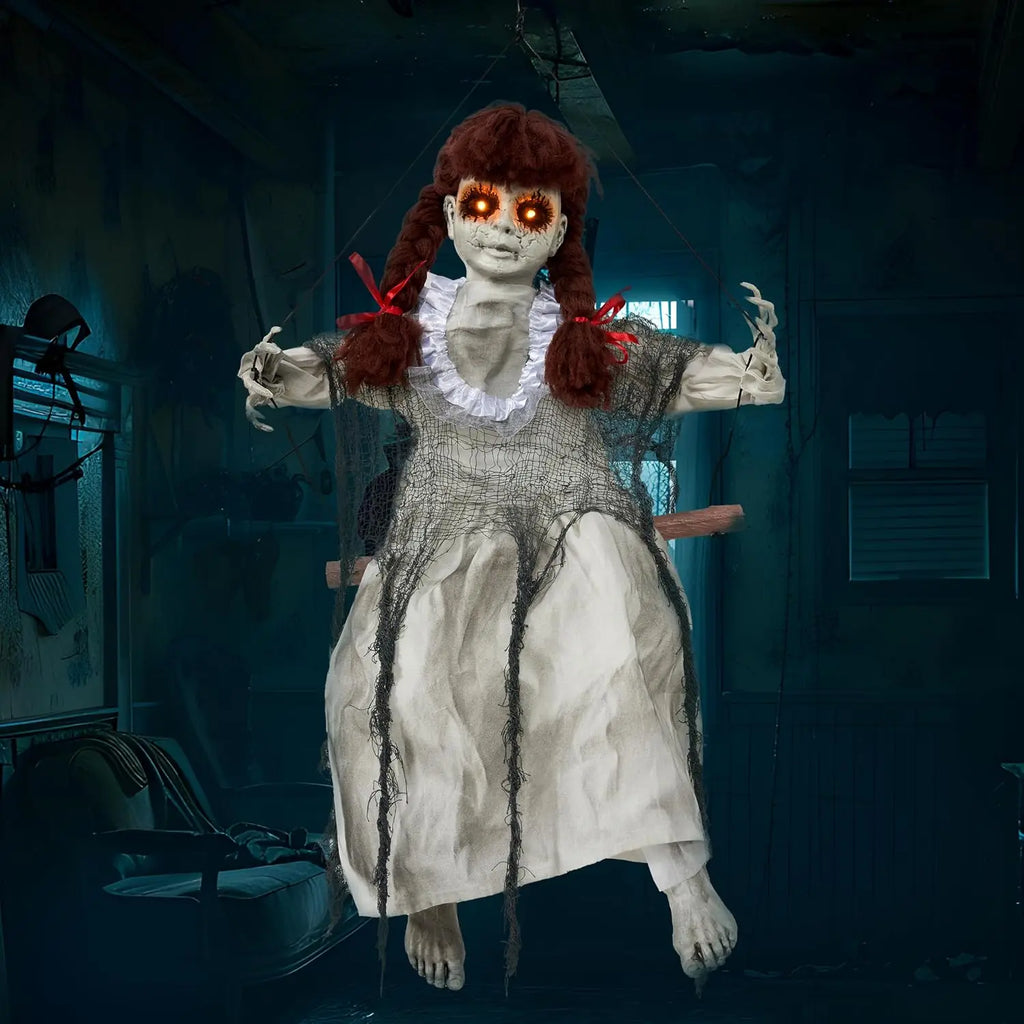 Scary Halloween Decorations Outdoor Halloween Hanging Scary Swing Girl Decorations Winging White Doll with Creepy Sound and Light Up Eyes Sound, Animatronics Hanging Decors Activated