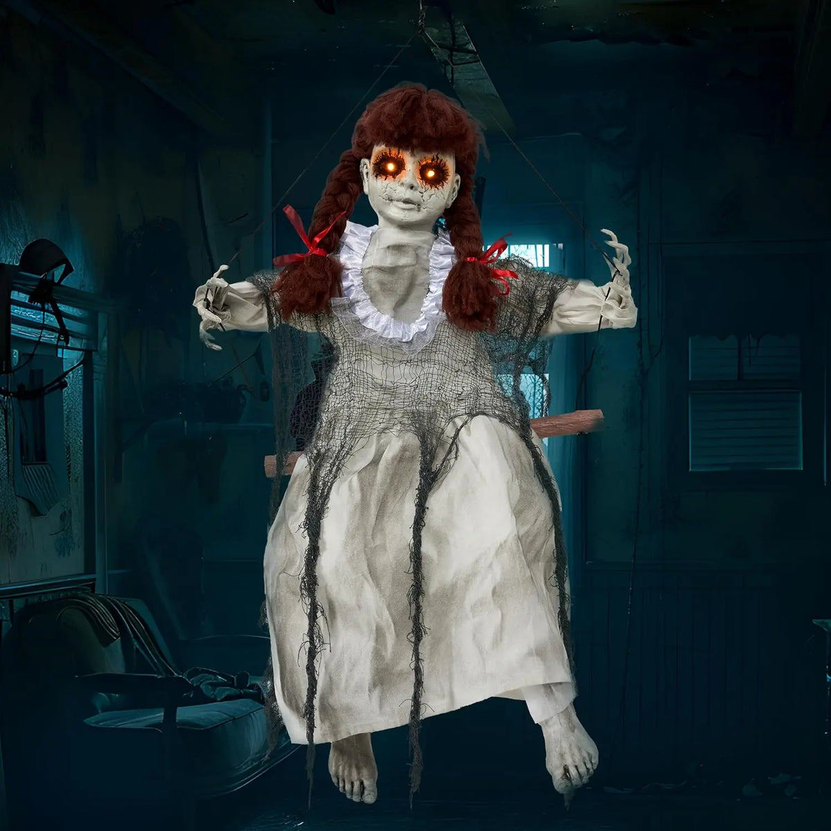 Scary Halloween Decorations Outdoor Halloween Hanging Scary Swing Girl Decorations Winging White Doll with Creepy Sound and Light Up Eyes Sound, Animatronics Hanging Decors Activated