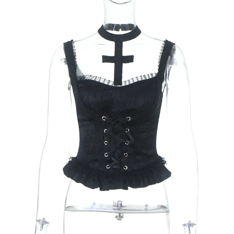 Goth Dark Mall Gothic Jacquard Print Sling Tanks Top Summer Kawaii Cross Bandage Crop Tops Y2K Lace Stitch Slim Vests Teachwear