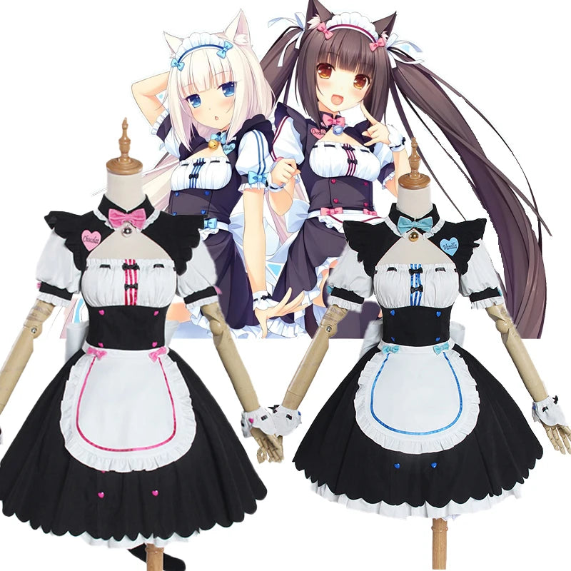 NEKOPARA Cosplay Chocola Vanilla Cosplay Maid Dress  Women Girls Full Set  Cute Lolita Halloween Party Outfits with Wig