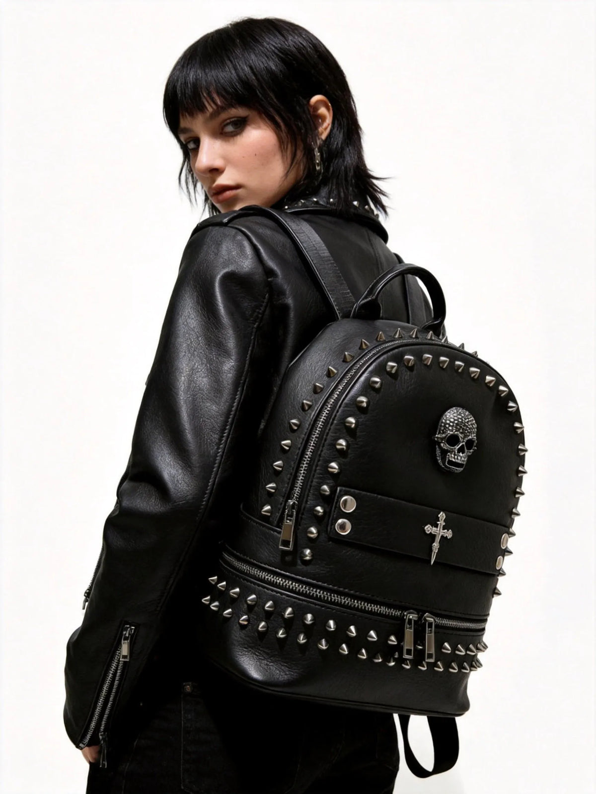 Skull Goth Locomotive Bag Fashion Leather Backpacks Original Design Punk Black Rivet Cross Backpack