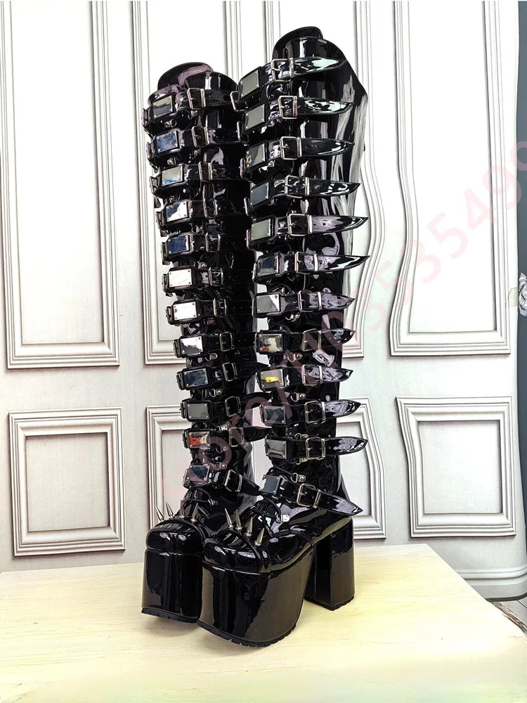 Women's Black Patent Leather Knee-High Boots 2026 New Spiked Rivet Super High Platform Boots Belt Buckle Gothic Punk Party Boot