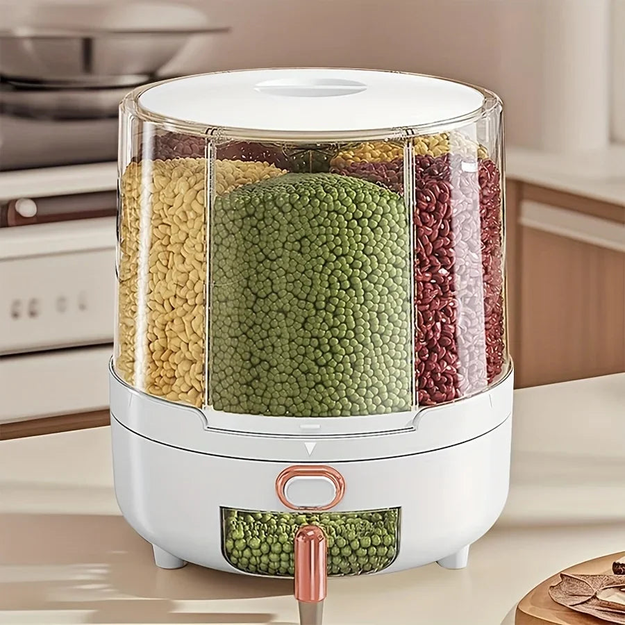 2026 6‑Compartment 360° Rotating Airtight Food Storage Container Moisture‑Proof Cereal Rice Dry Snack Kitchen Pantry Organizer