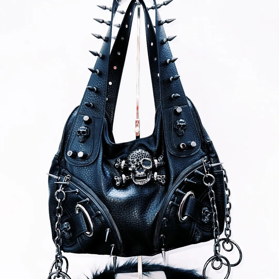 Original Punk Style Black Leather Hip Hop Rock Metal Bag Rivet Skull Bag Goth Punk Shoulder Bag