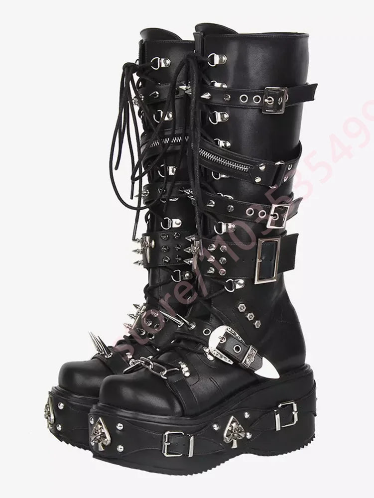Black Mid Calf Platform Boots Women Multi Metal Buckle Spike Rivet Gothic Punk Lace Up Zipper Wedge High Heel Streetwear Booties