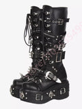 Black Mid Calf Platform Boots Women Multi Metal Buckle Spike Rivet Gothic Punk Lace Up Zipper Wedge High Heel Streetwear Booties