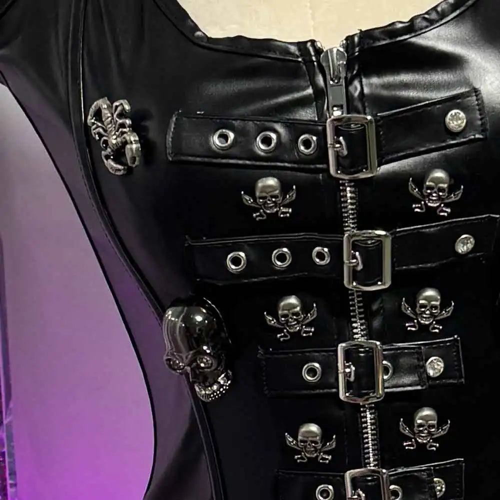 Y2K Gothic Emo Punk Top with Skull Grunge PU Leather Goth Tank Clothing ALT Rave Festival Vkei Cybergoth for Women