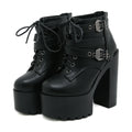 Gdgydh Women's Solid Color Block Heeled Boots Buckle Strap Fashion Goth Lace Up Dress Boots for Party Back Zipper Ankle Boots