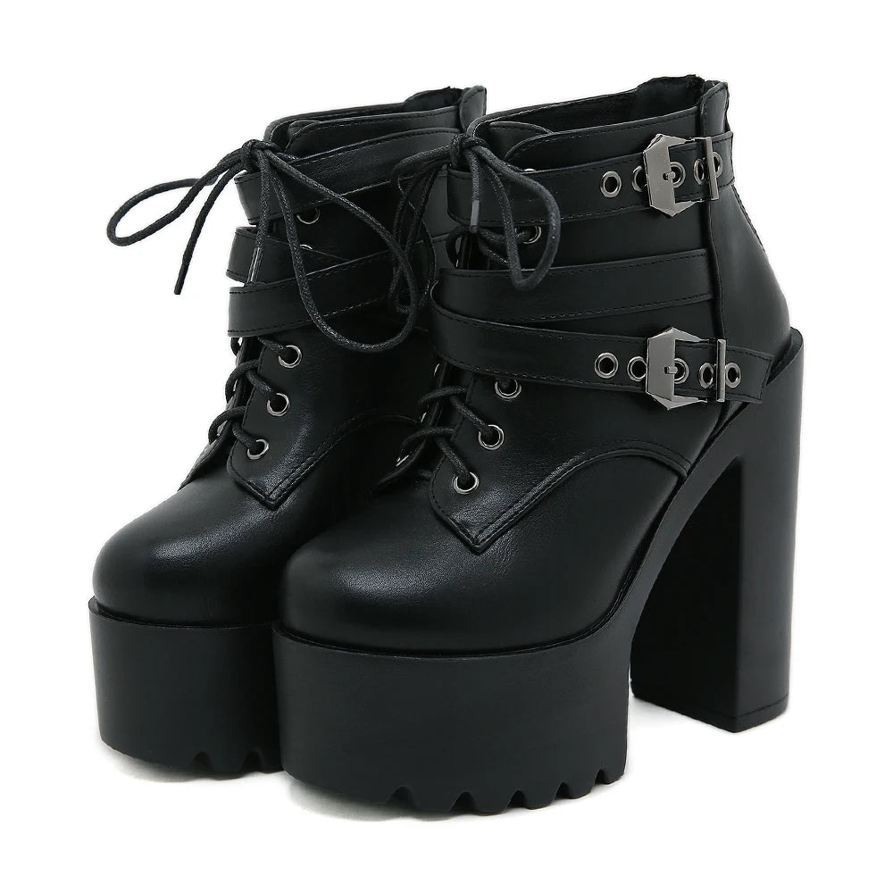 Gdgydh Women's Solid Color Block Heeled Boots Buckle Strap Fashion Goth Lace Up Dress Boots for Party Back Zipper Ankle Boots