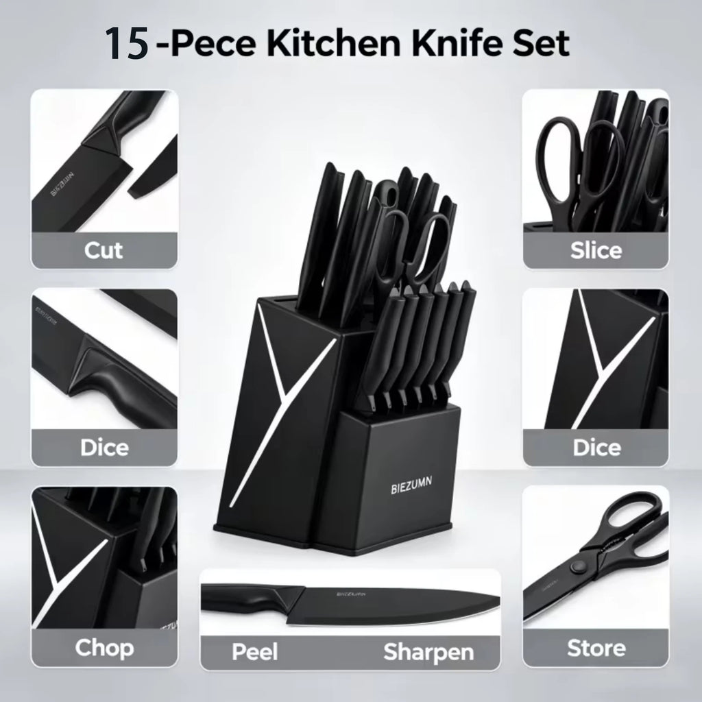 Kitchen knife set, 15-piece black kitchen knife set with block, dishwasher safe kitchen knife set with built-in sharpener, stainless steel black knife set birthday gift for mom or dad, kitchen gadget set