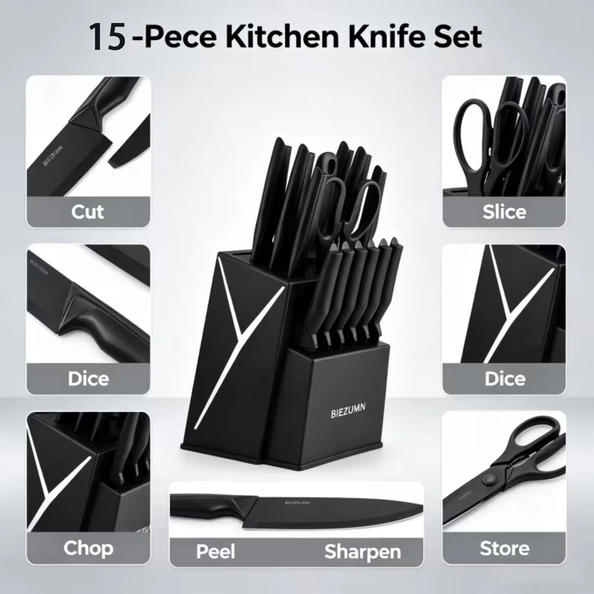 Kitchen knife set, 15-piece black kitchen knife set with block, dishwasher safe kitchen knife set with built-in sharpener, stainless steel black knife set birthday gift for mom or dad, kitchen gadget set