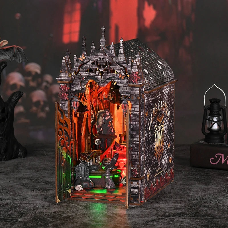 DIY Wooden Book Nook Figurines Miniatures Dark Castle Bookend with Light Bookshelf for Friends Birthday Gifts Home Decor Crafts