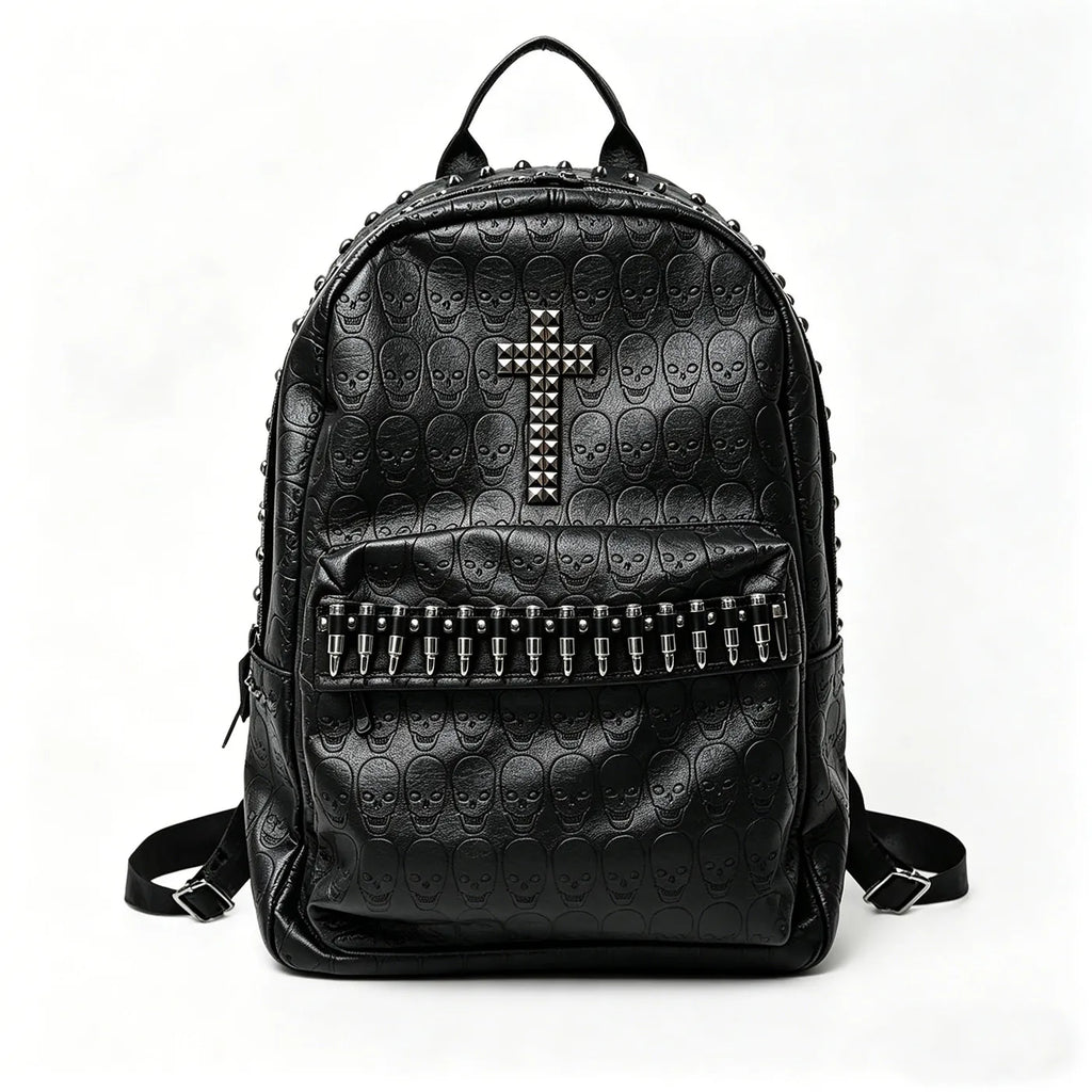 Punk Goth Rivet Skull Pattern Personality Backpacks Large Capacity Commuter Rock Backpack Y2K Black Leather Backpack