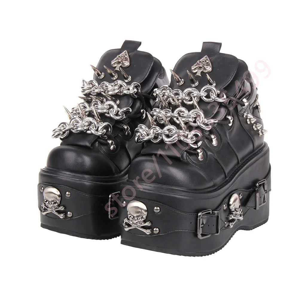 Black Cyberpunk Motorcycle Boots with Chain Rivet Round Toe Street Rock Belt Buckle Short Fashion Party Casual Boot for Women