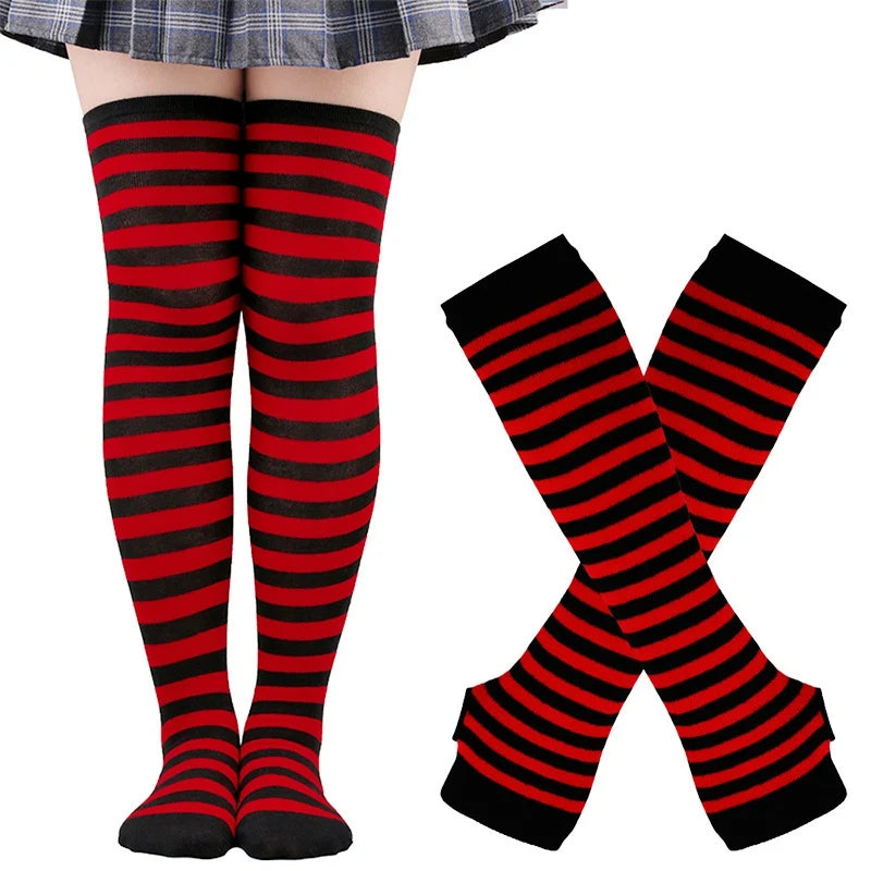 1 Set Women Girls Over Knee Long Stripe Thigh High Cotton Gothic Lolita Socks Arm Sleeve Gloves Sweet Cute Black Overknee Socks