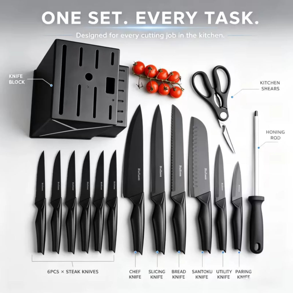 Kitchen knife set, 15-piece black kitchen knife set with block, dishwasher safe kitchen knife set with built-in sharpener, stainless steel black knife set birthday gift for mom or dad, kitchen gadget set