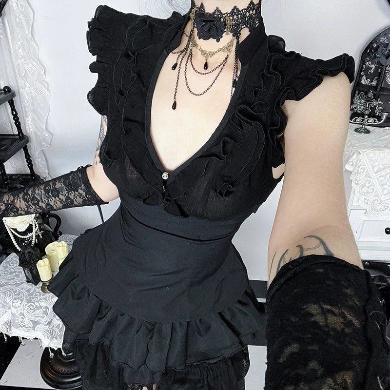 Goth Dark Women Fashion Summer Solid V-neck Tanks Top Mall Gothic Slim Sleeveless Tops Kawaii Ruffles Lace-up Vests Teachwear