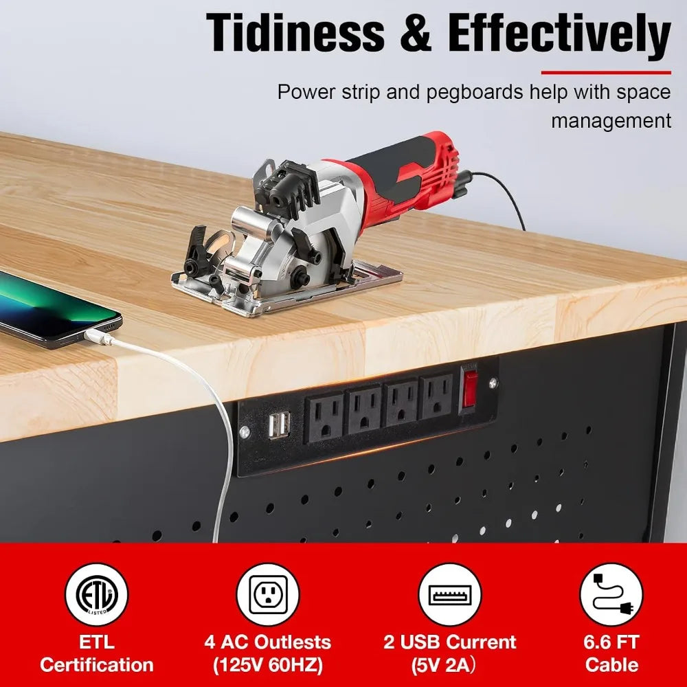 60 in Workbench with Drawers, Heavy Duty Garage Work Table with Pegboard, Power Outlet, Rubber Wood