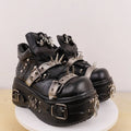 Silver Buckle Spikes Black Round Toe Platform Boots Slip On Women Shoes High Top Fashion Party Banquet 2025 Zapatos Para Mujere