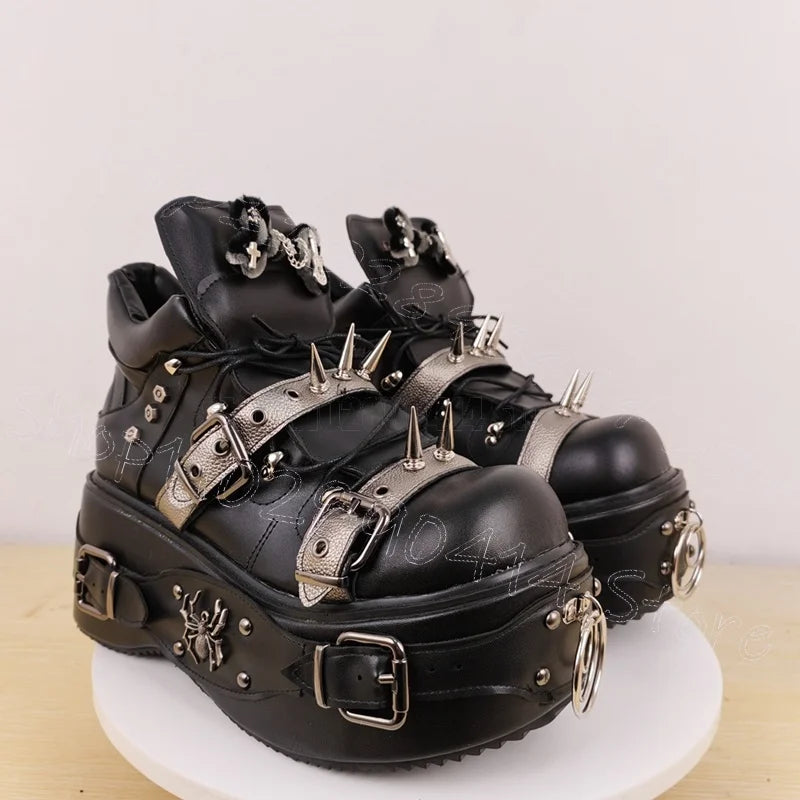 Silver Buckle Spikes Black Round Toe Platform Boots Slip On Women Shoes High Top Fashion Party Banquet 2025 Zapatos Para Mujere
