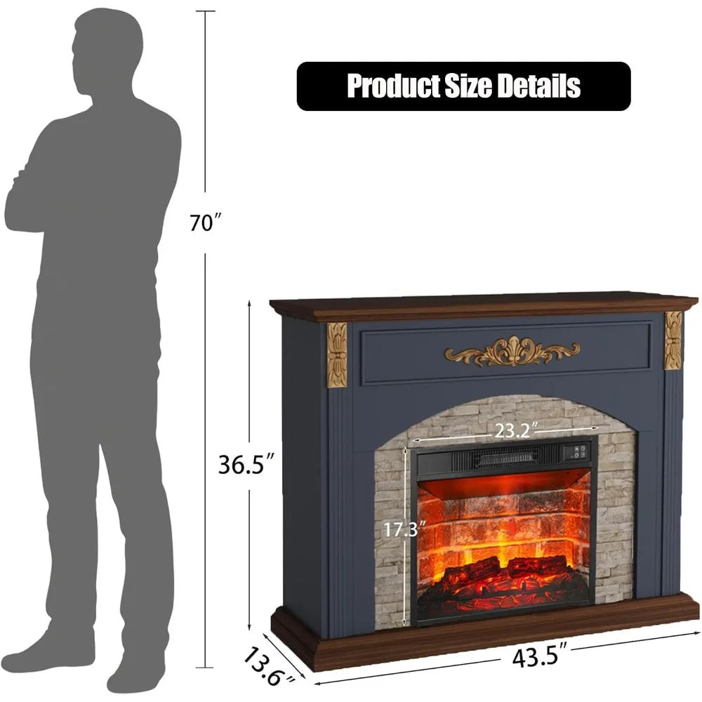 44in Electric Fireplace with Mantel, Stacked Stone, Gold Carvings, 23in Red Brick Insert, Blue