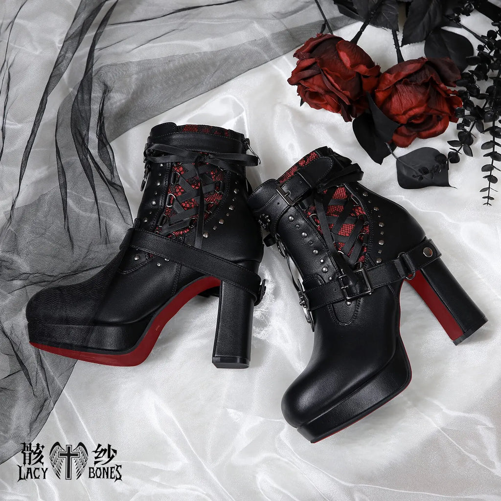 Punk Gothic Style Chunky Heel Ankle Boots For Women Black Leather With Red Sole Cross & Rivet Decor Aesthetic Lolita Footwear