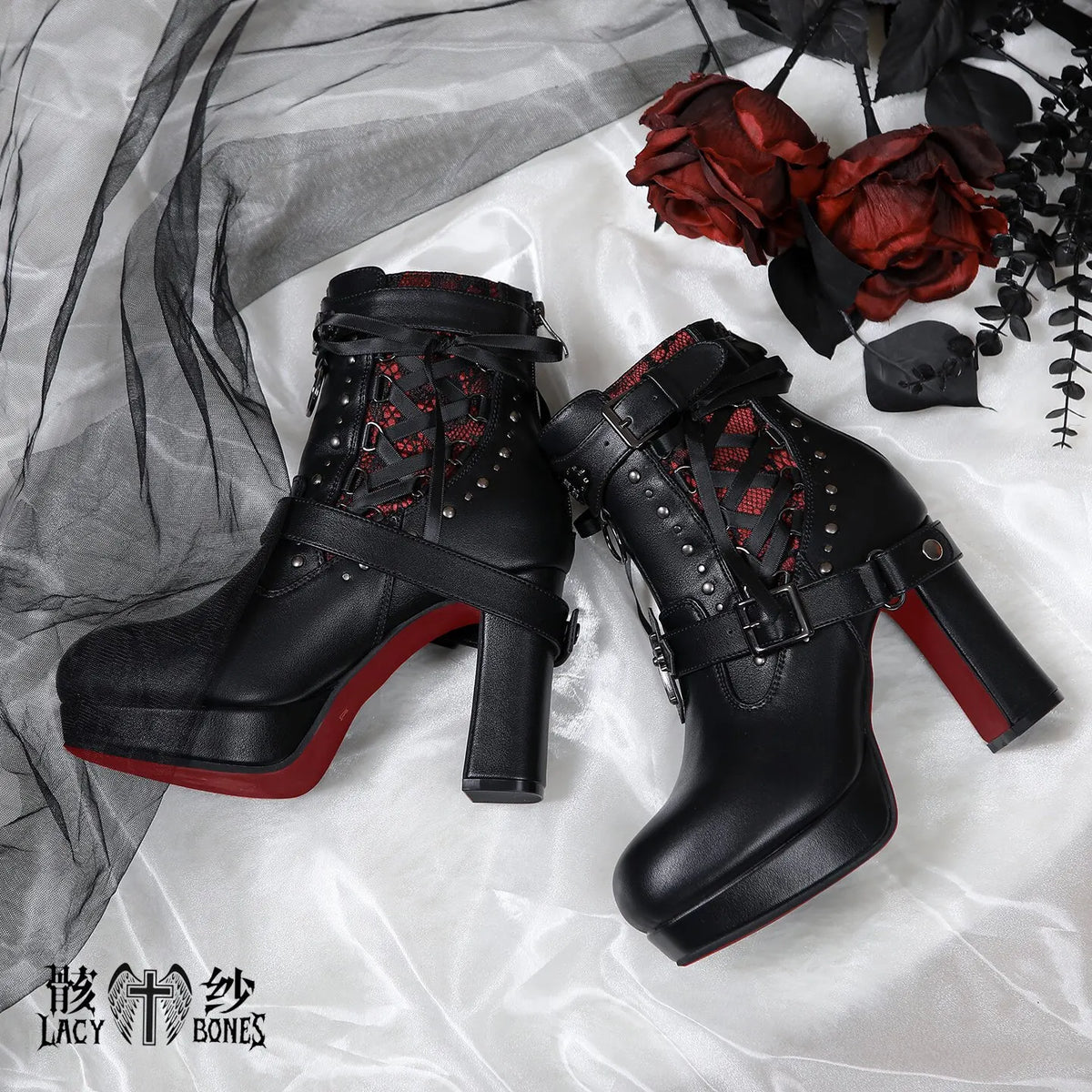 Punk Gothic Style Chunky Heel Ankle Boots For Women Black Leather With Red Sole Cross & Rivet Decor Aesthetic Lolita Footwear