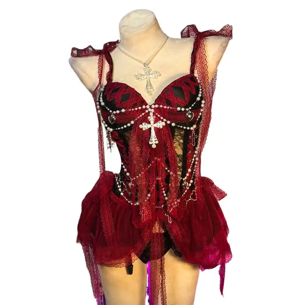 Red Gothic Dress for Women Y2K Rave Cyber Punk Rock Star Goth Cross Lace Scene Emo ALT Grunge E-Girls Lolita Ball Gown Clothing