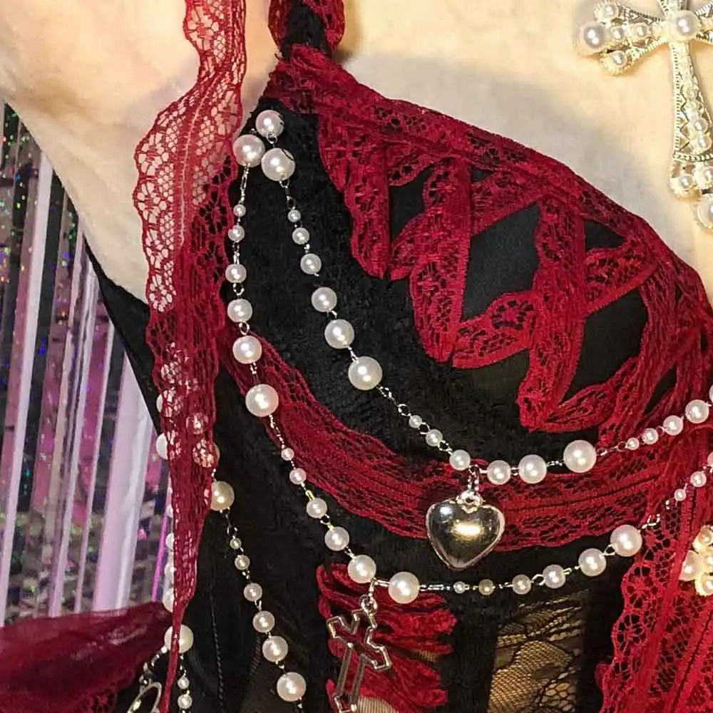 Red Gothic Dress for Women Y2K Rave Cyber Punk Rock Star Goth Cross Lace Scene Emo ALT Grunge E-Girls Lolita Ball Gown Clothing