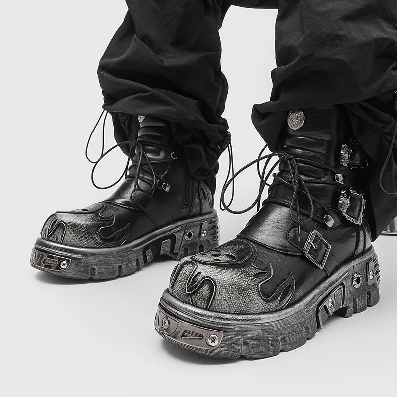 Punk Gothic Style Motorcycle Boots Men Classic Retro Metal Rock Western Boots Outdoor Male Workwear Platform Ankle Boots