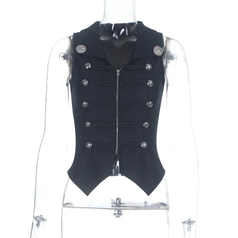 Goth Dark Punk Style Sleeveless Zip Cardigan Crop Tops Women Cyber Y2K Teachwear Gothic Button Slim Fashion Streetwear Tank Top