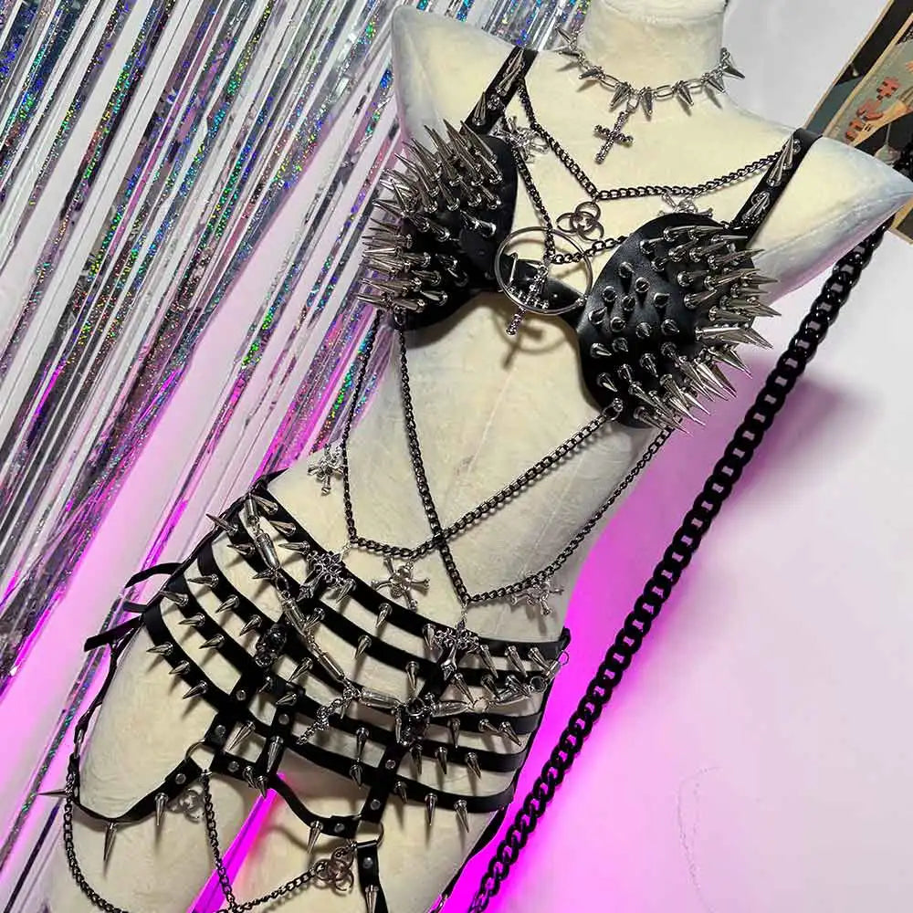 E-Girls Y2K Vegan Leather TOPS Gothic Harnesses Tank Chain Emo Hand Made Harajuku Punk Rock Studded Rivet DIY Hip Hop Grunge