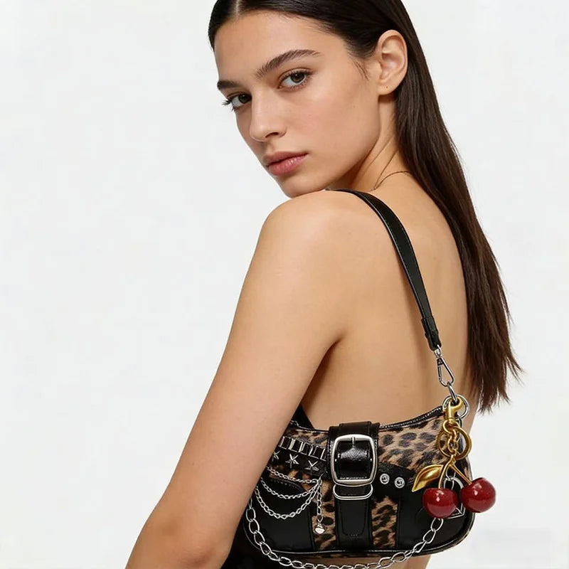 Y2K Punk Shoulder Bag For Women Retro Chain Rivet Underarm Handbag PU Leather Color‑block Sling Crossbody Bag Fashion Party Purse