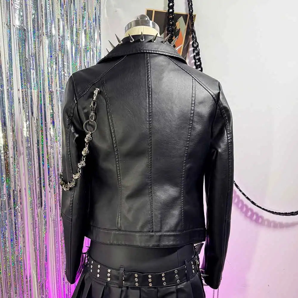 Y2K Vegan Leather Skull Studded Rivets Jacket Coat E-Girls Gothic Harajuku Grunge Chain Emo Eco DIY Punk Rock Hand Made