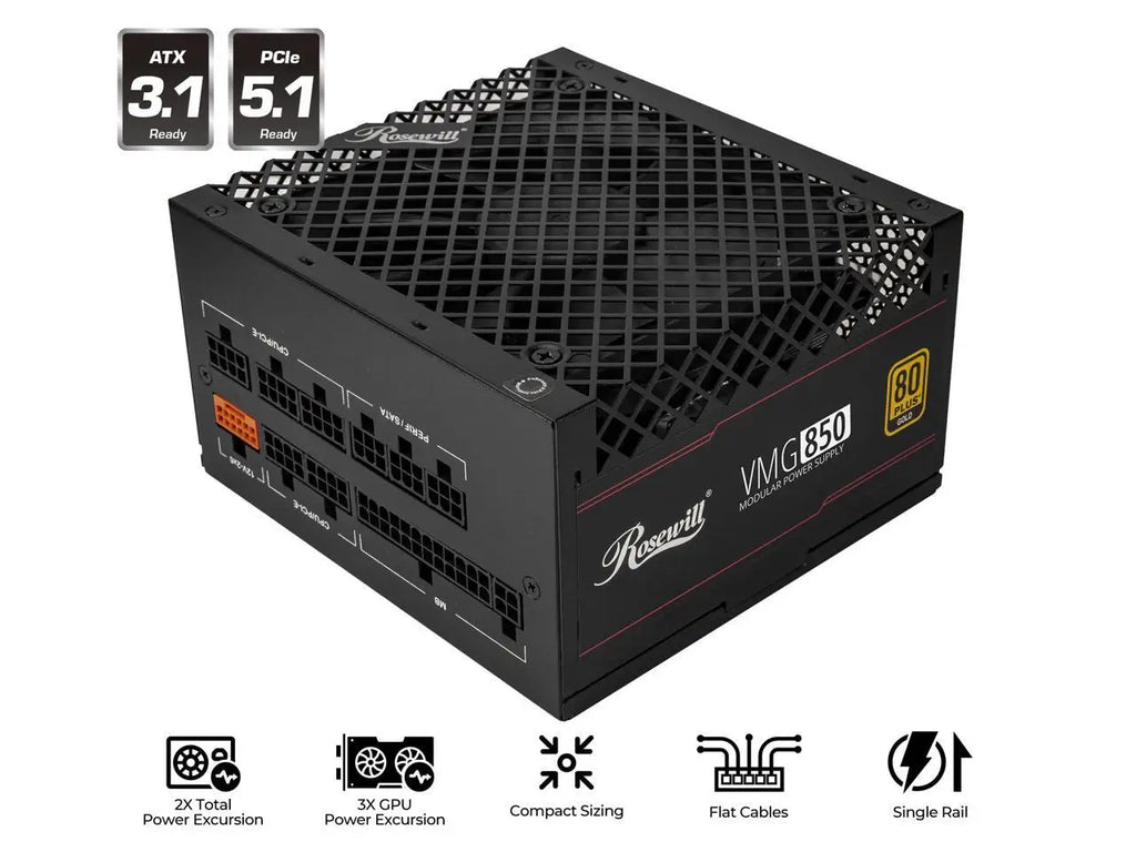 Rosewill VMG 850W 80+ Gold, ATX 3.0 & 3.1 Compatible, Full Modular Low-Noise Power Supply, PCIe 5.1 12V-2x6 Connector, 100% Japanese Electrolytic Capacitor, 120mm FDB Silent Fan - VMG850