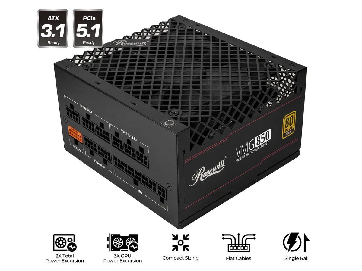 Rosewill VMG 850W 80+ Gold, ATX 3.0 & 3.1 Compatible, Full Modular Low-Noise Power Supply, PCIe 5.1 12V-2x6 Connector, 100% Japanese Electrolytic Capacitor, 120mm FDB Silent Fan - VMG850