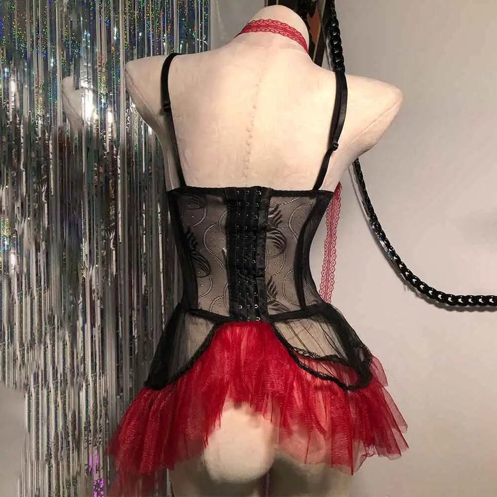 Red Y2K Gothic Dress for Women Lace Emo ALT Grunge E-Girls Lolita Ball Gown Rave Festival Cyber Punk Rock Star Goth Clothing