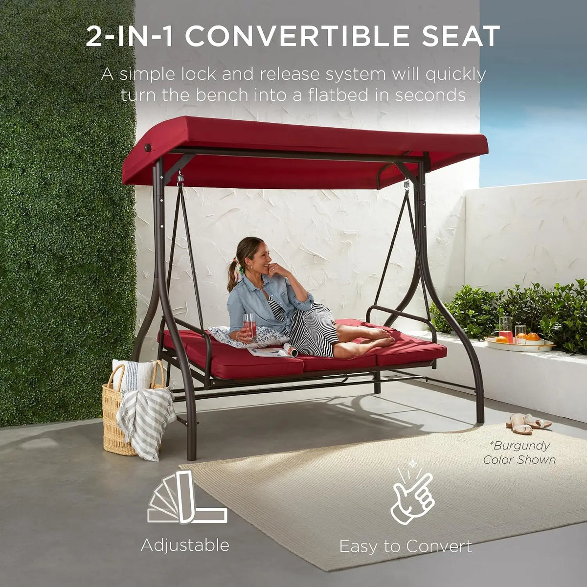 3-Seat Outdoor Large Converting Canopy Swing Glider, Patio Hammock Lounge Chair for Porch, Backyard w/Flatbed,, Customized