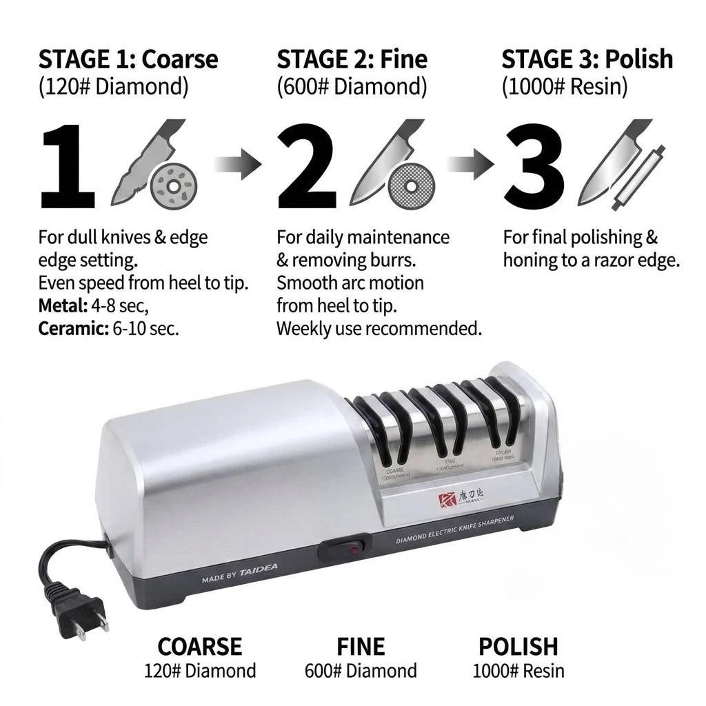 US Stock 18W 3-Stage Electric Diamond Knife Sharpener 15 Degree Angle Guide Sharpening System, US Plug Professional Sharpener