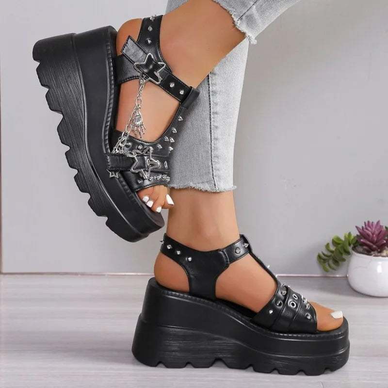 Summer 2026 Thick Bottom Sandals for Women Open Toe Chunky Platform Black Sandals Woman High Wedge Heels Sandles Female