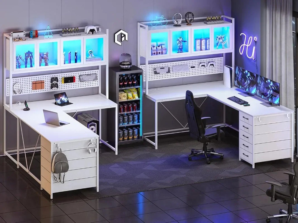 SEDETA L Shaped Gaming Desk with Drawers, L Shaped Computer Desk with Hutch and Storage Shelves, Gaming Desk with Pegboard,