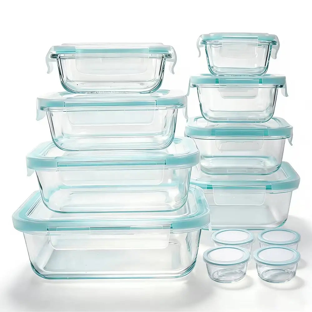 24 Pcs Glass Food Storage Containers Set Modern Clear Borosilicate Glass Meal Prep Containers Airtight Leakproof Teal Locking Lids Microwave Oven Safe Bento Box Bins For Kitchen Pantry Office Picnic Housewarming Gift