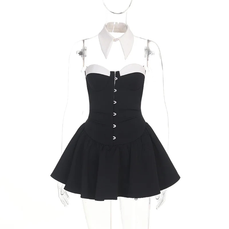 Goth Dark Alternative Partywear Mall Gothic Strapless Pleat A-line Dress Cyber Y2K Button Tie Collar Mini Dresses Cutecore Gown