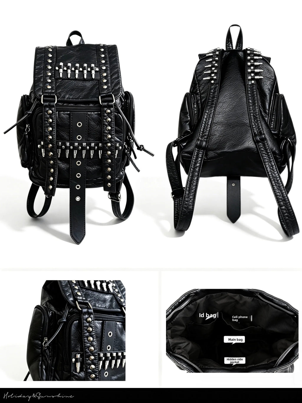 Original Design Rivet Bullet Decorative Backpack Punk Backpack Fashion Black Leather Backpacks
